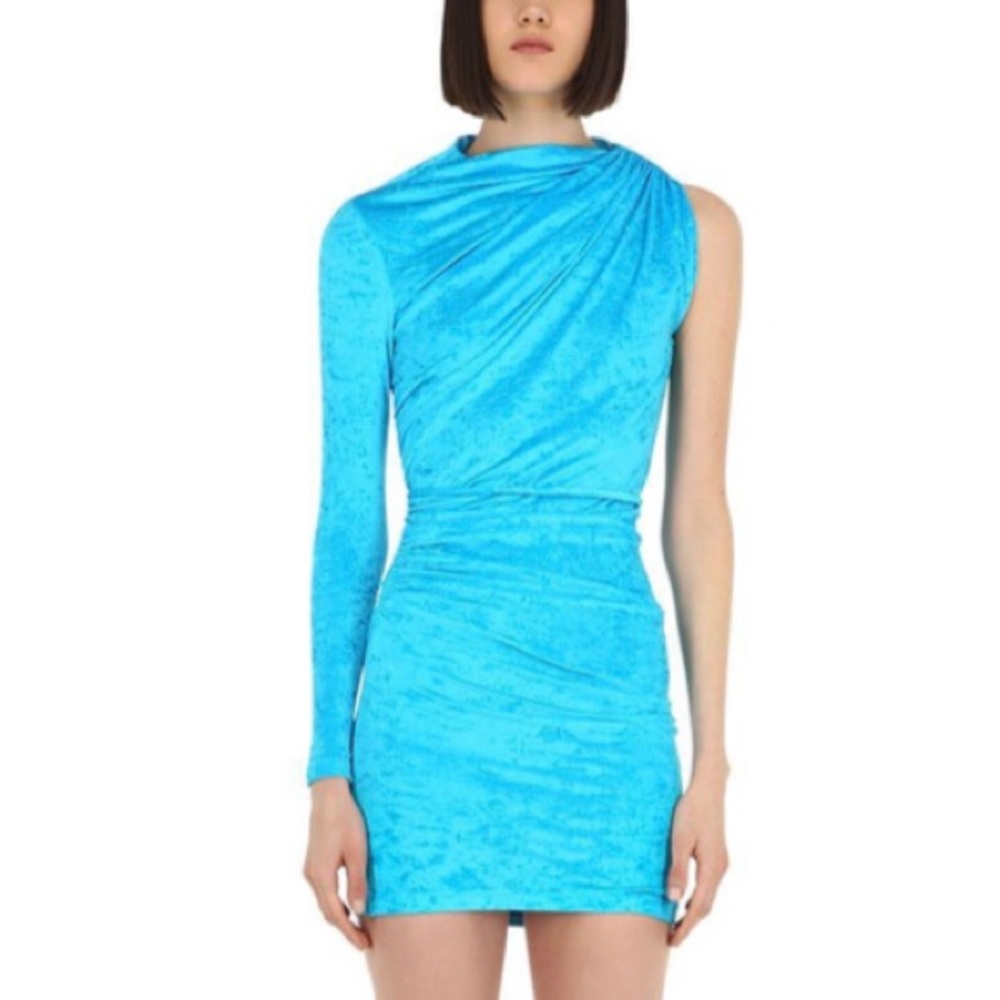 Balenciaga Blue Velvet One Shoulder Mini Dress NWT Size F38